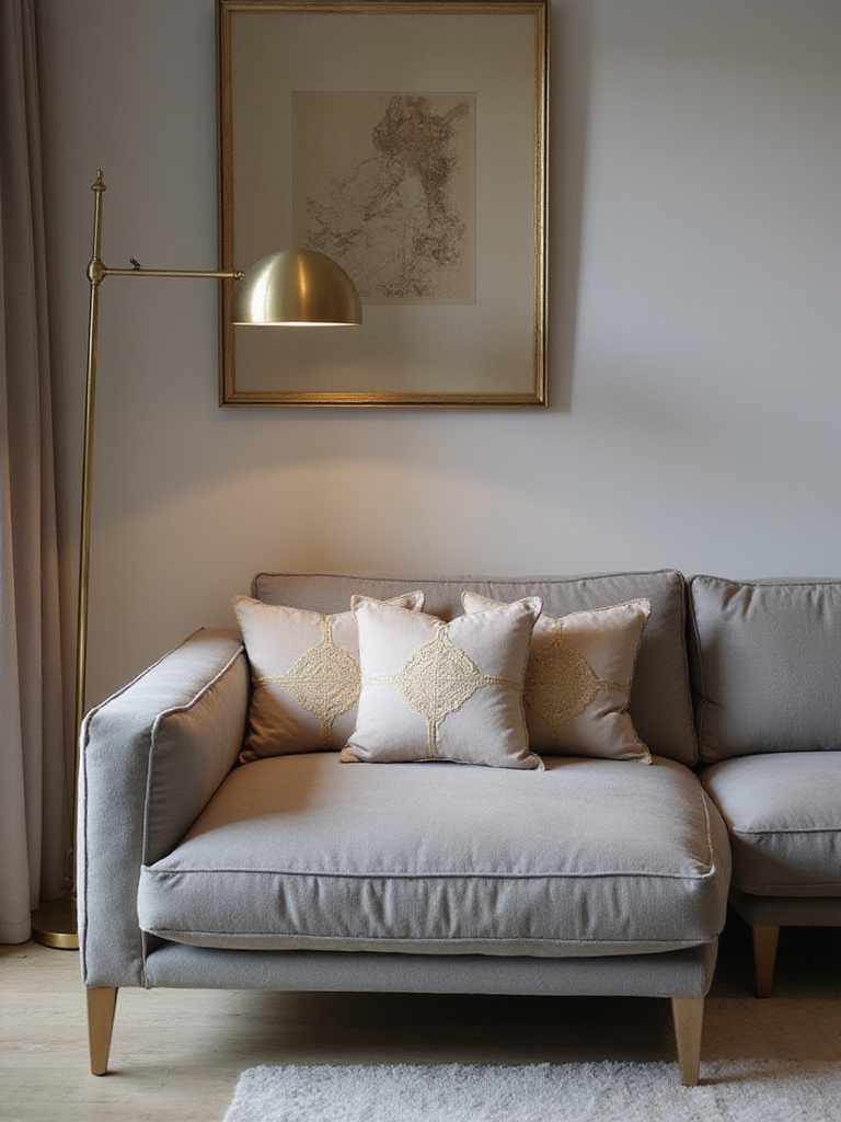 Contemporary living room with grey sectional sofa and brushed brass floor lamp highlighting subtle metallic finishes.