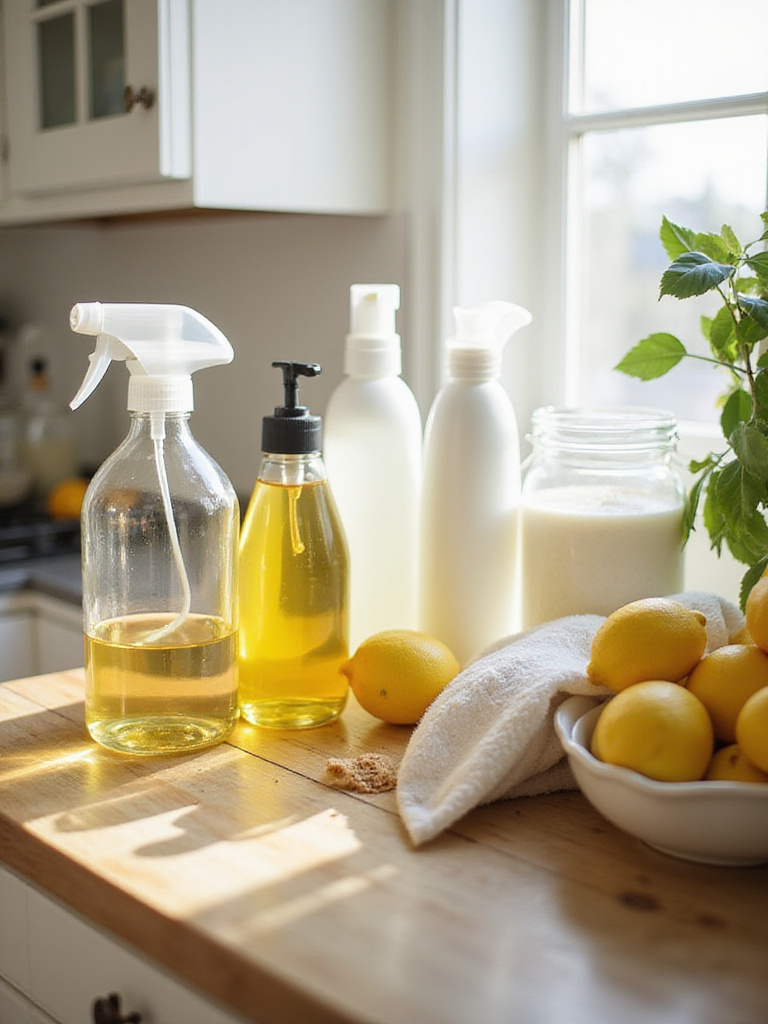 A kitchen countertop with non-toxic cleaning products, lemons, and baking soda arranged artistically.