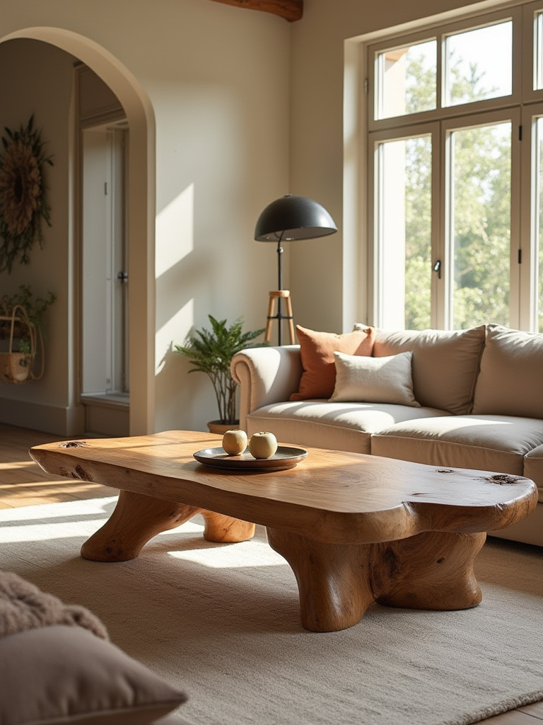 Luxury living room with sustainable and ethically sourced furniture featuring a reclaimed wood coffee table and organic cotton sofas.