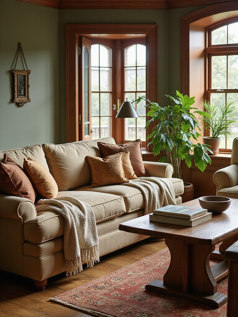 A traditional living room with a warm, earthy color palette featuring muted greens, terracotta, and deep browns.