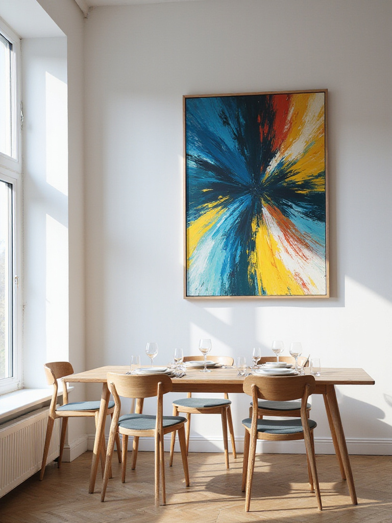 A modern dining room featuring dynamic abstract wall art