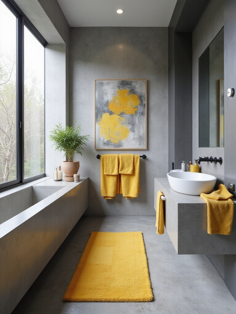 Modern gray bathroom with vibrant yellow accents and abstract art