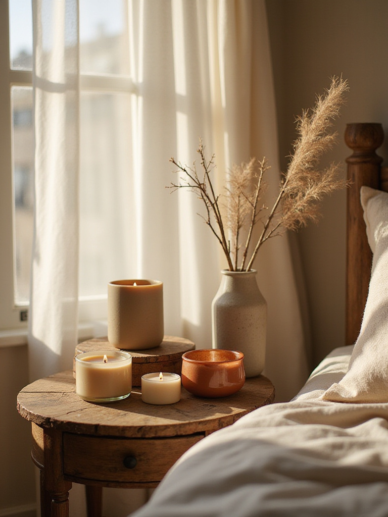 Boho bedroom with earthy scented candles and diffuser on bedside table