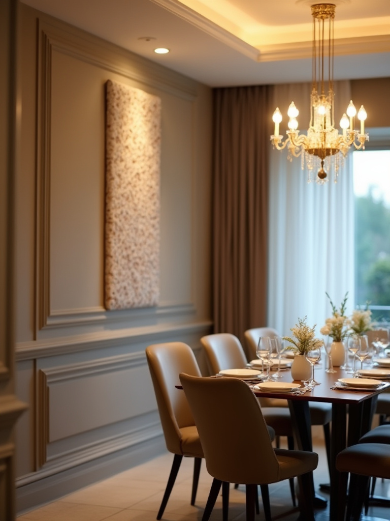 Decorative acoustic wall panels in a stylish dining room, enhancing sound quality and decor.