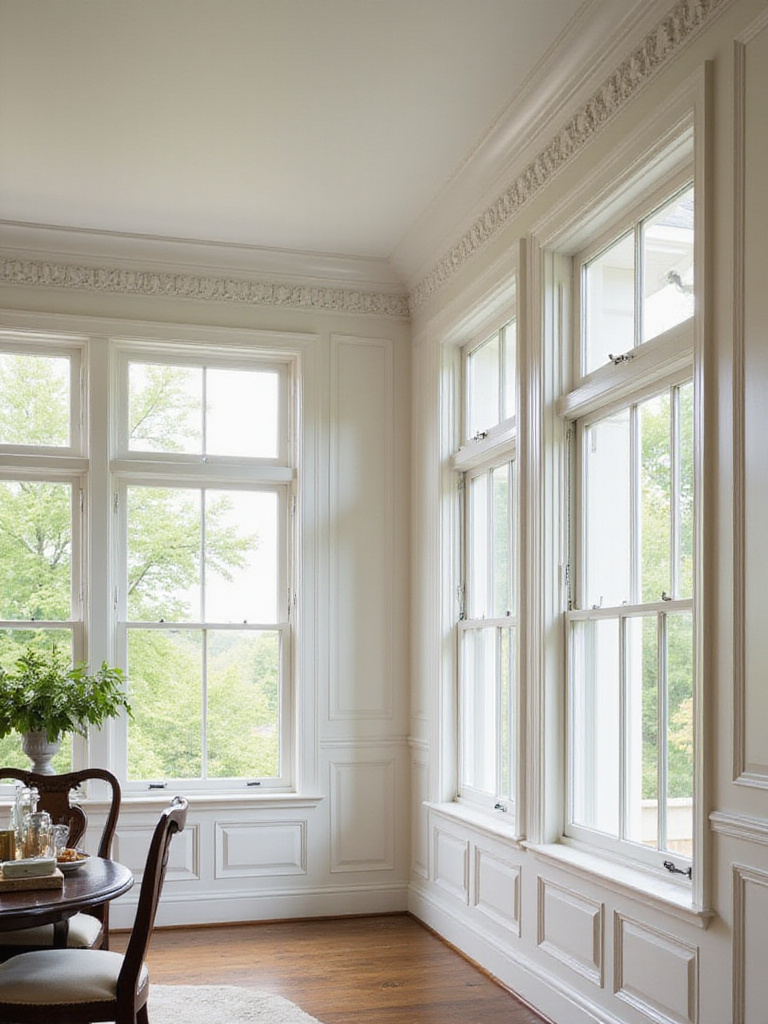 Elegant living room showcasing classic crown moulding details