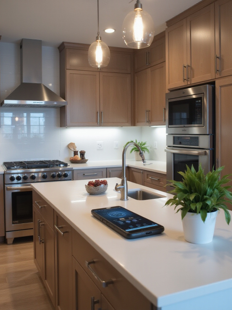 Contemporary kitchen with integrated smart home technology