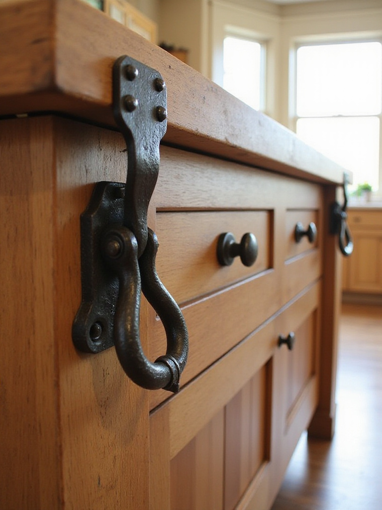 Rustic kitchen island featuring unique hardware and decorative details