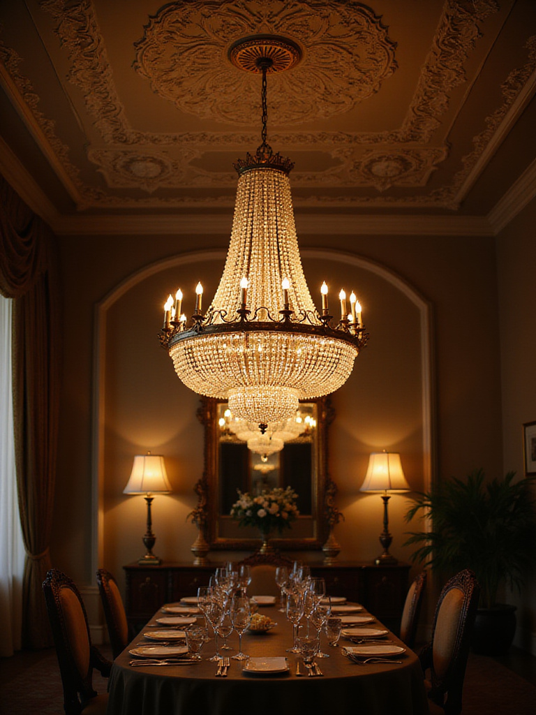 Elegant high-end chandelier in a luxurious dining room with warm lighting