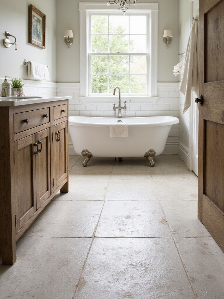 Farmhouse bathroom with slip-resistant flooring, showcasing a rustic aesthetic and safety features.