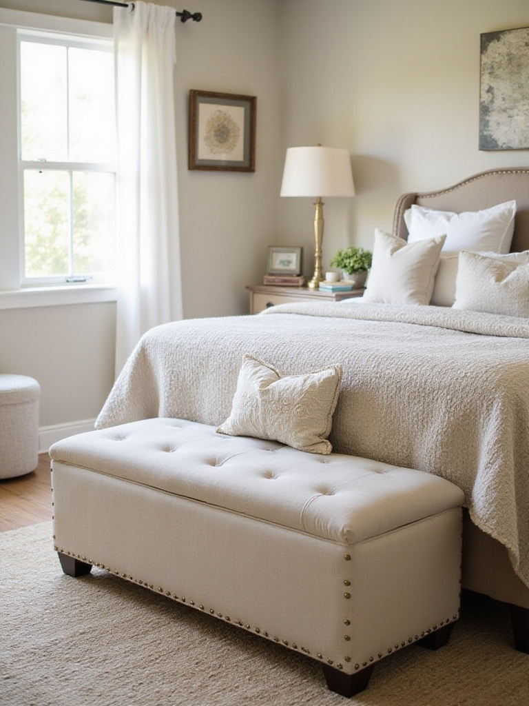 Cozy bedroom featuring a plush storage bench at the foot of a queen bed, showcasing organized decor.