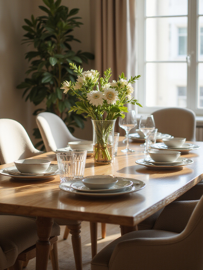 A modern dining room table with a polished surface and a vase of flowers, showcasing the importance of daily cleaning.
