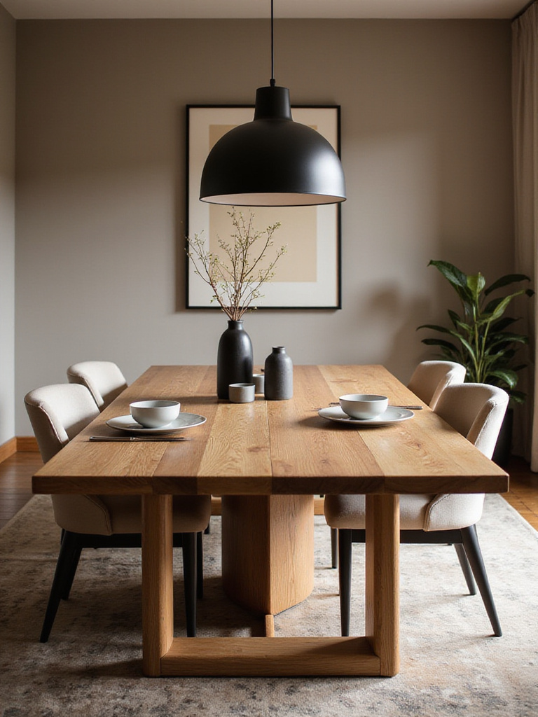 Modern dining room featuring a stylish dining table with elegant decor and warm lighting