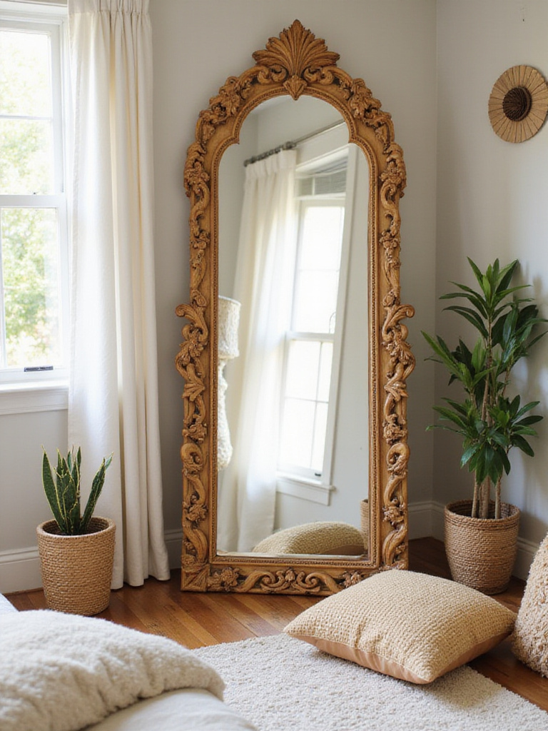 A boho bedroom with an ornate rattan-framed mirror reflecting natural light.