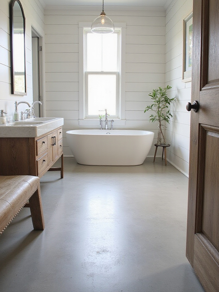 Modern farmhouse bathroom with polished concrete flooring