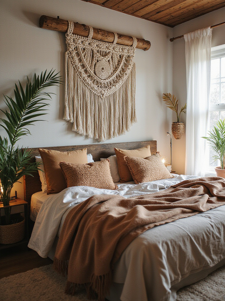 Stylish boho bedroom with hand-crafted DIY decor pieces including macrame wall hanging and rustic bed.