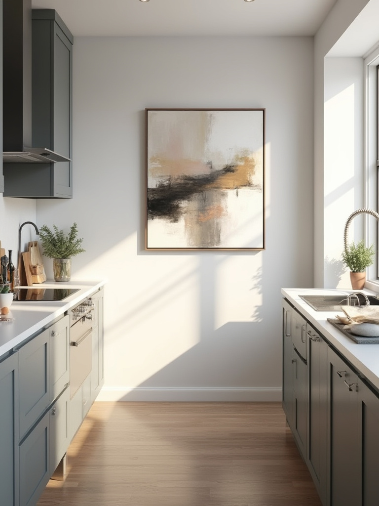 Modern abstract art piece in a contemporary kitchen setting