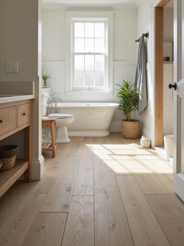 Farmhouse bathroom with wood-look porcelain tile flooring