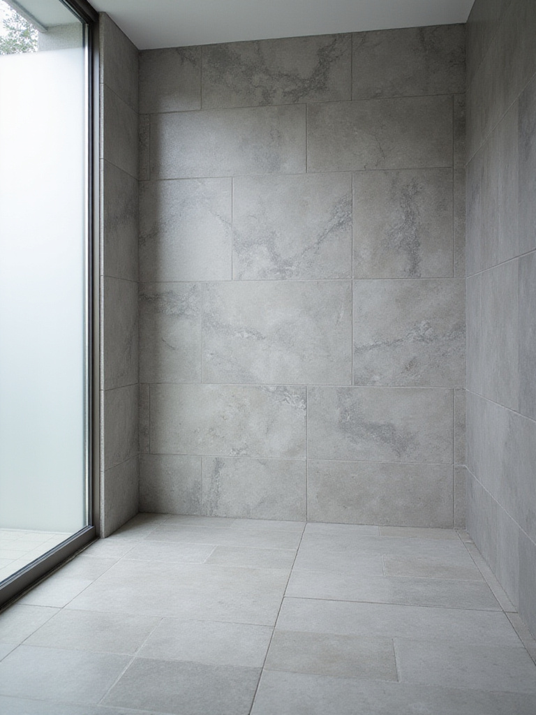 Modern bathroom with large-format gray tiles creating a seamless design