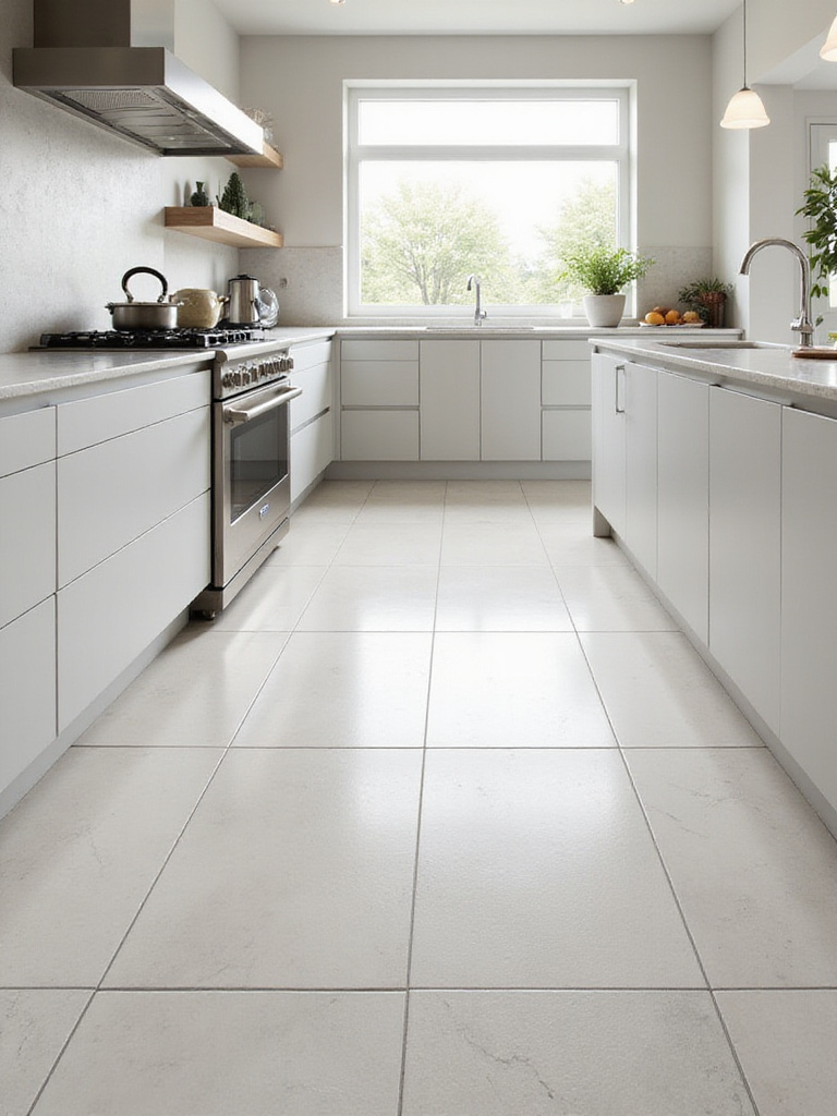 Contemporary kitchen with large-format tiles and polished concrete flooring.
