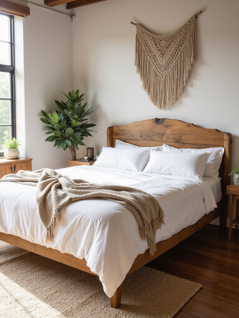 Boho bedroom featuring raw wood elements with live-edge headboard and soft linens