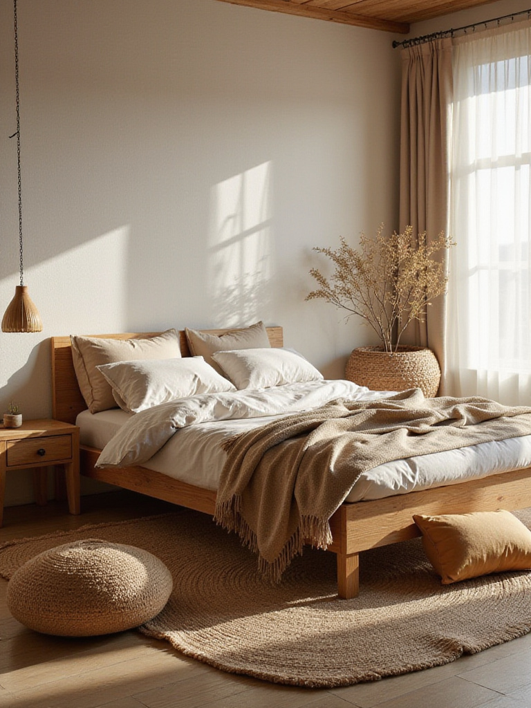 A boho bedroom featuring a low-profile bed frame with natural bedding and floor cushions.