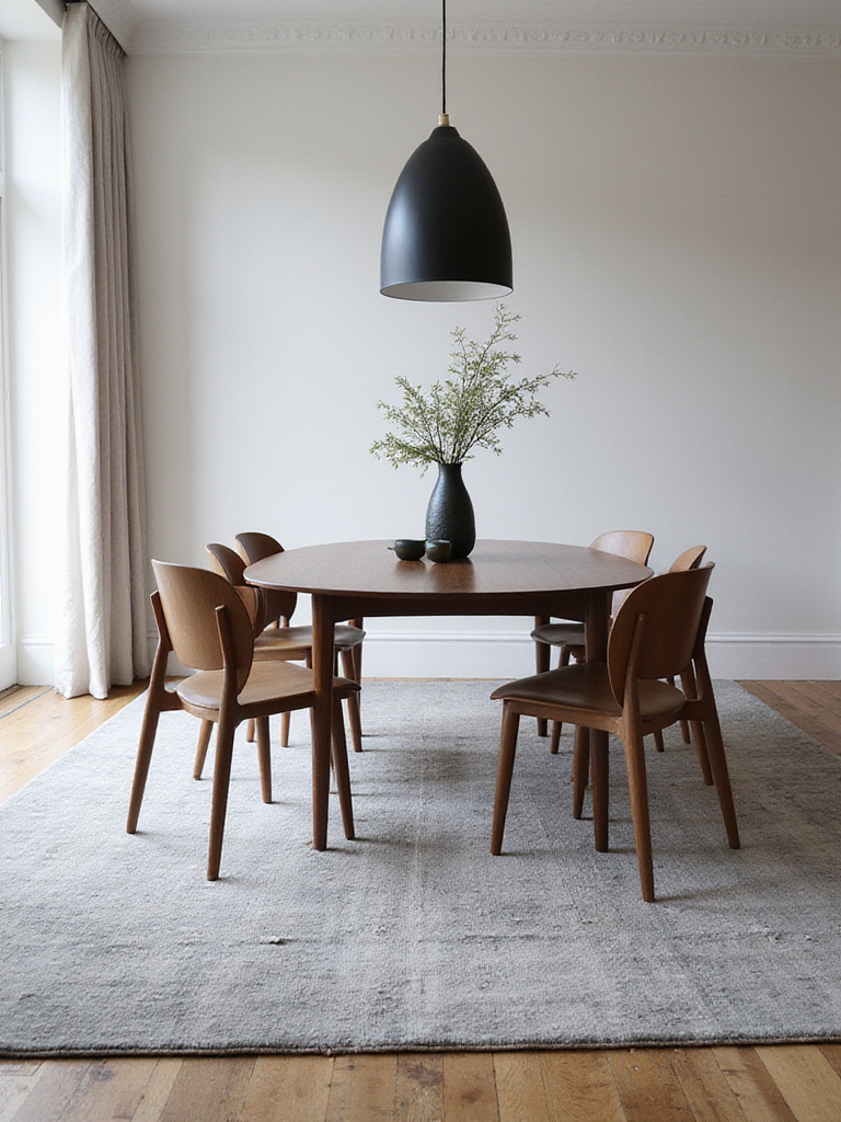 Modern dining room with a large area rug anchoring a sleek dining table and chairs.