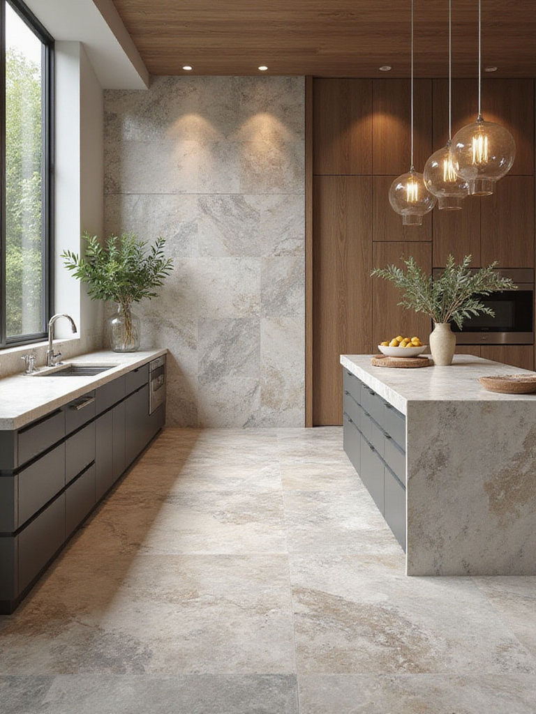 Luxury kitchen featuring natural stone tiles with polished marble and rustic slate.