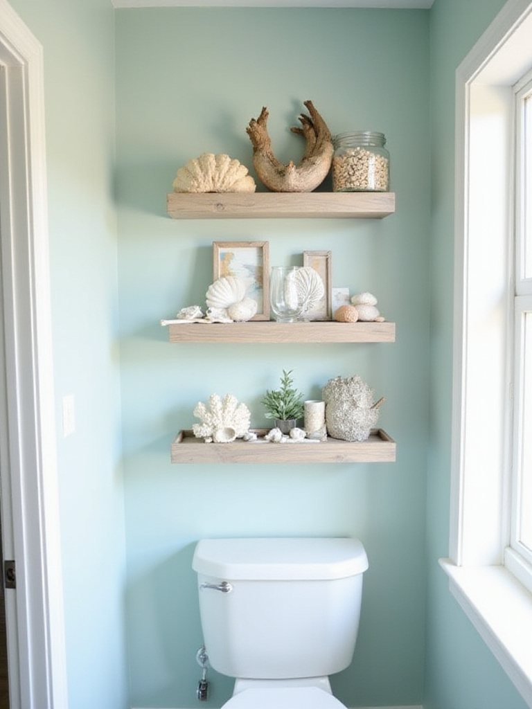 Floating shelves displaying coastal knick-knacks in a serene bathroom.