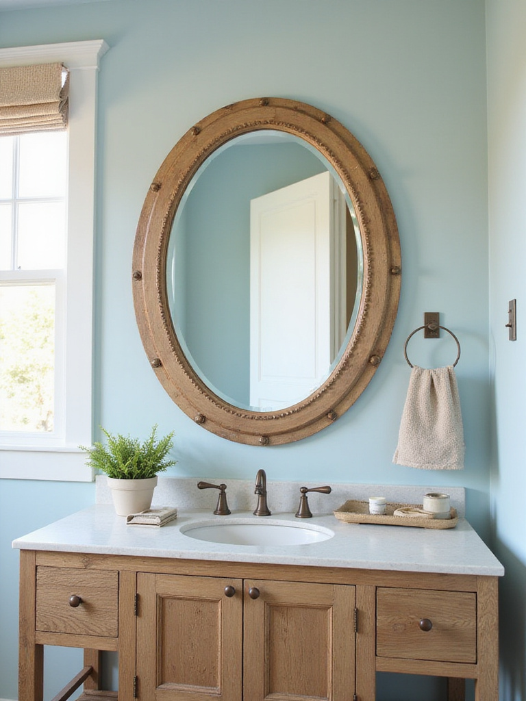 Coastal bathroom with porthole mirror and rustic wood vanity