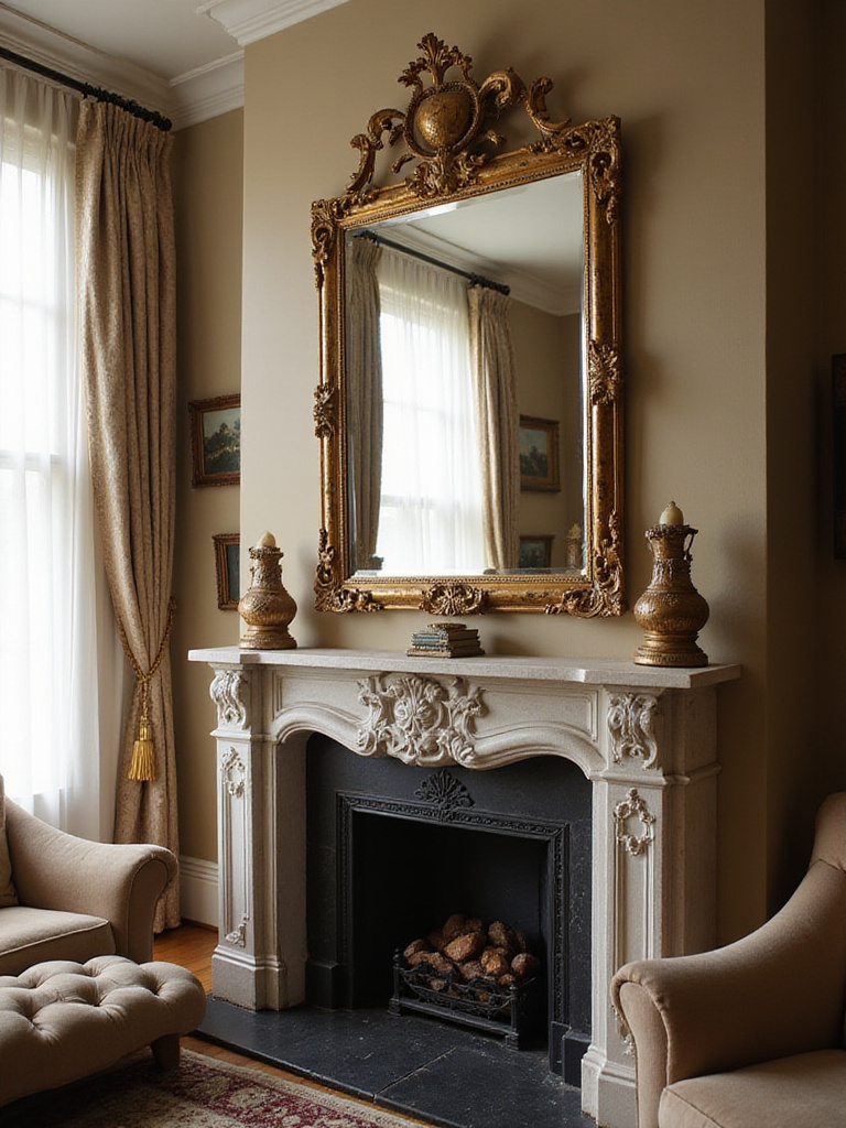 A traditional living room featuring an ornate gilt mirror reflecting light above a fireplace mantel.