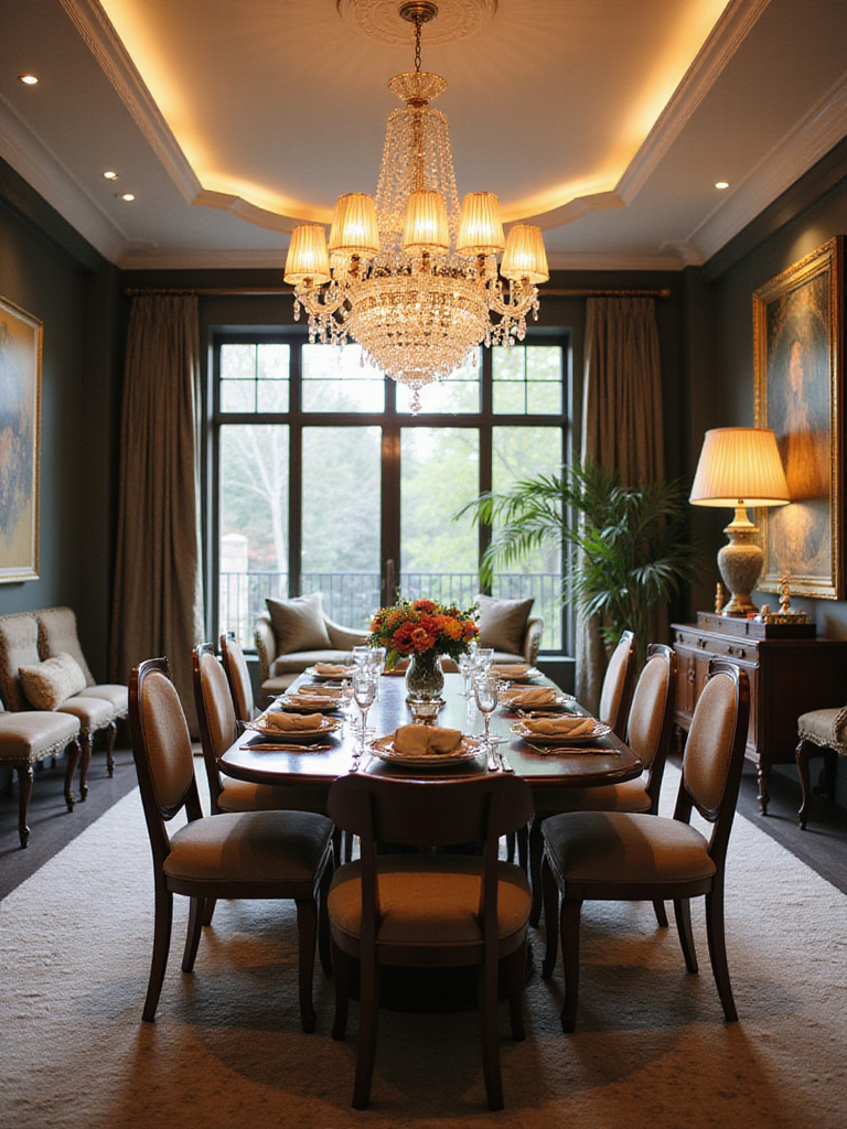 Luxurious dining room with a crystal chandelier and elegant table setting