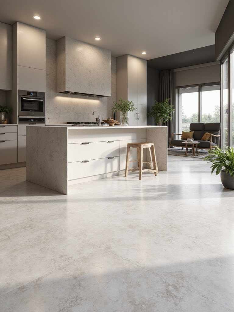 Luxury kitchen with large-format porcelain tiles creating a seamless, expansive look.
