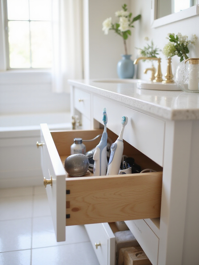 Organized bathroom vanity with hidden power strips inside the drawer, showcasing neat storage.