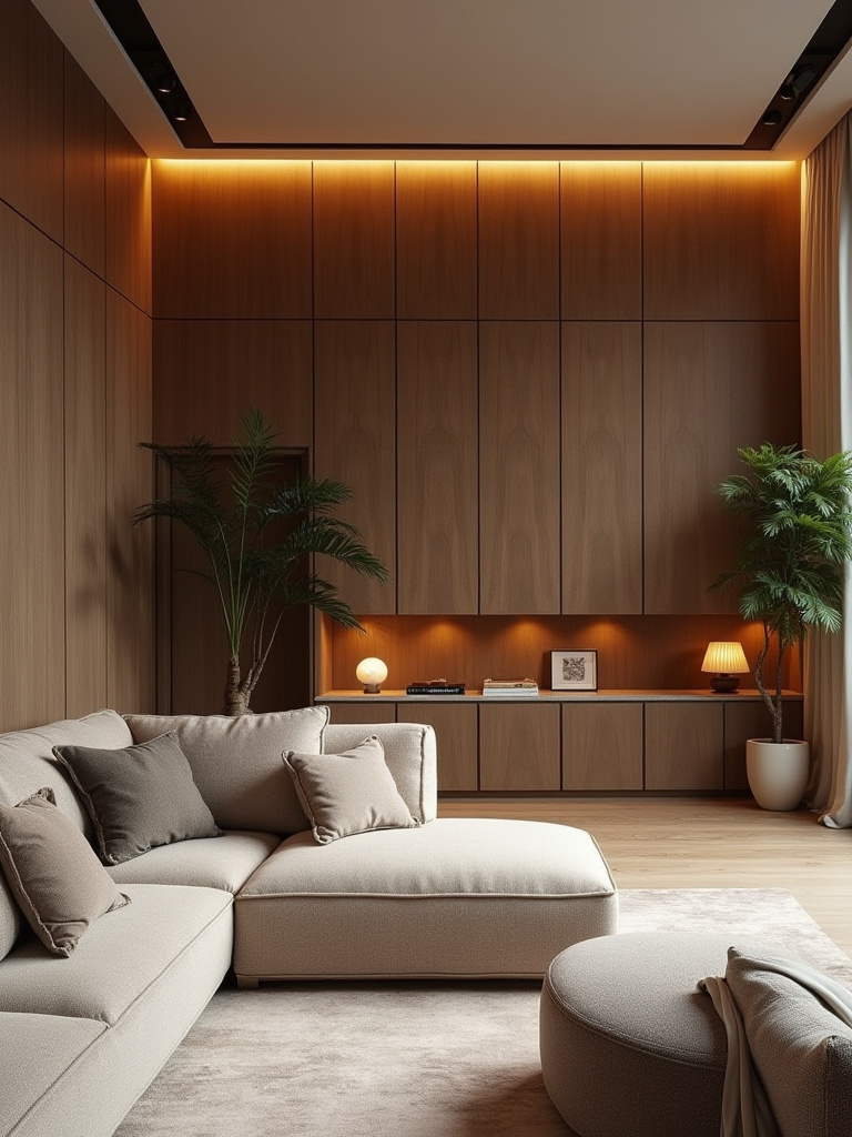 Luxurious living room with integrated elegant storage solutions