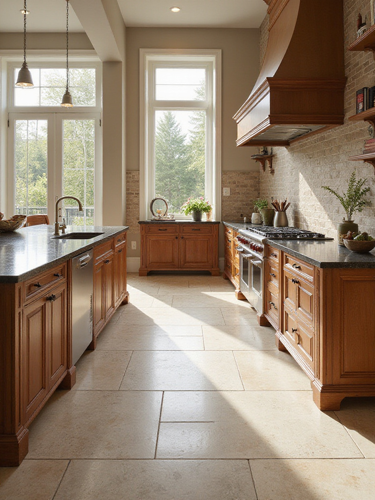 Luxury kitchen showcasing polished, honed, and matte tile finishes with natural sunlight.