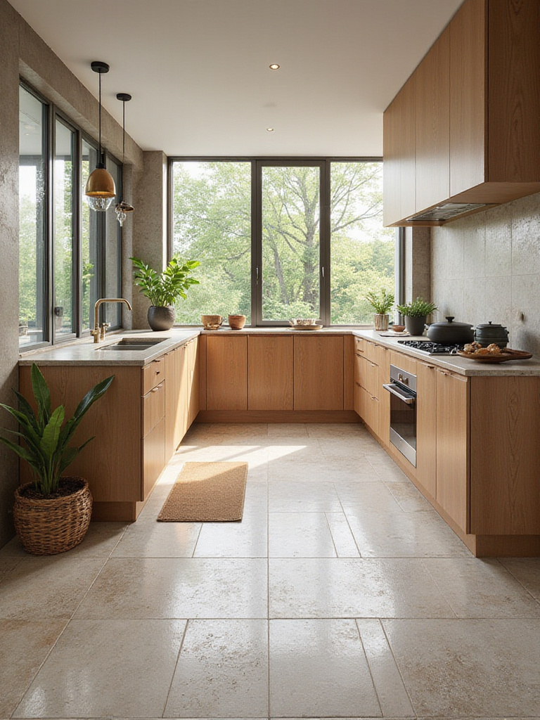 A modern kitchen showcasing eco-friendly luxury tiles with natural lighting.