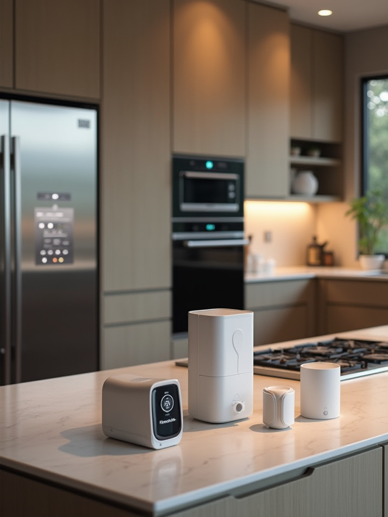 Modern kitchen featuring integrated smart technology for automated green kitchen management.