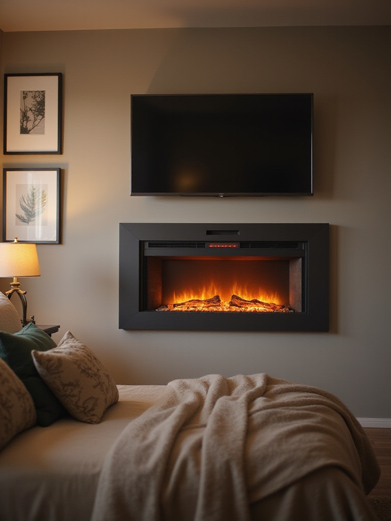 Cozy bedroom with a small electric fireplace as a focal point