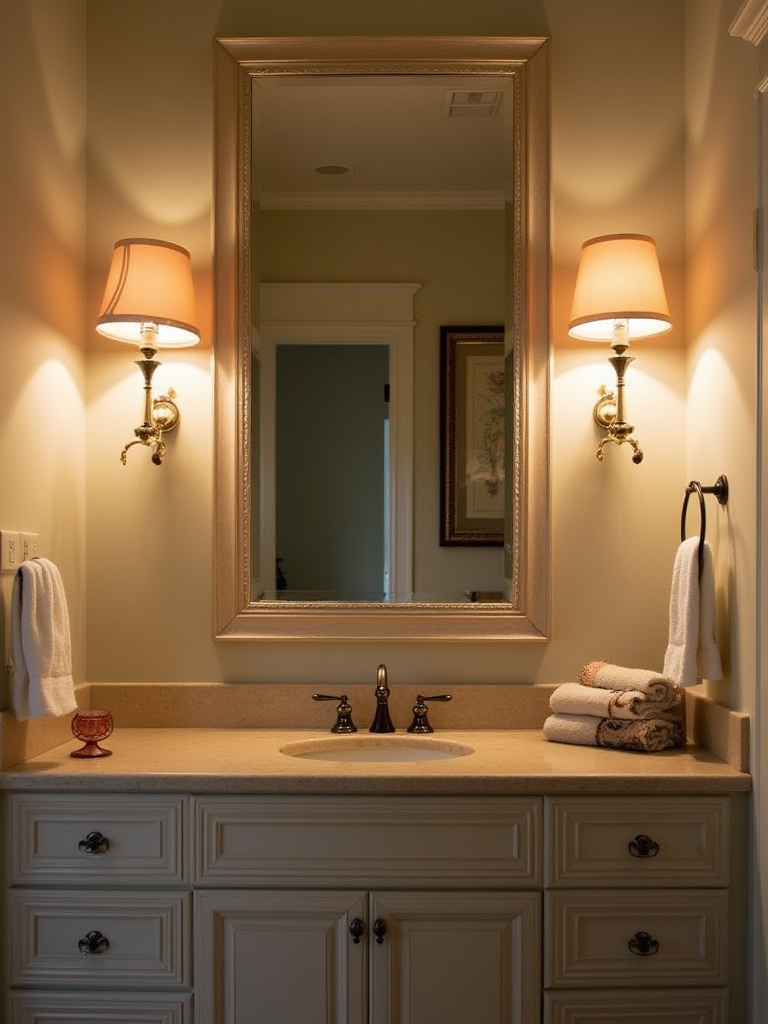 Elegant bathroom vanity with task lighting and sconces illuminating the mirror.