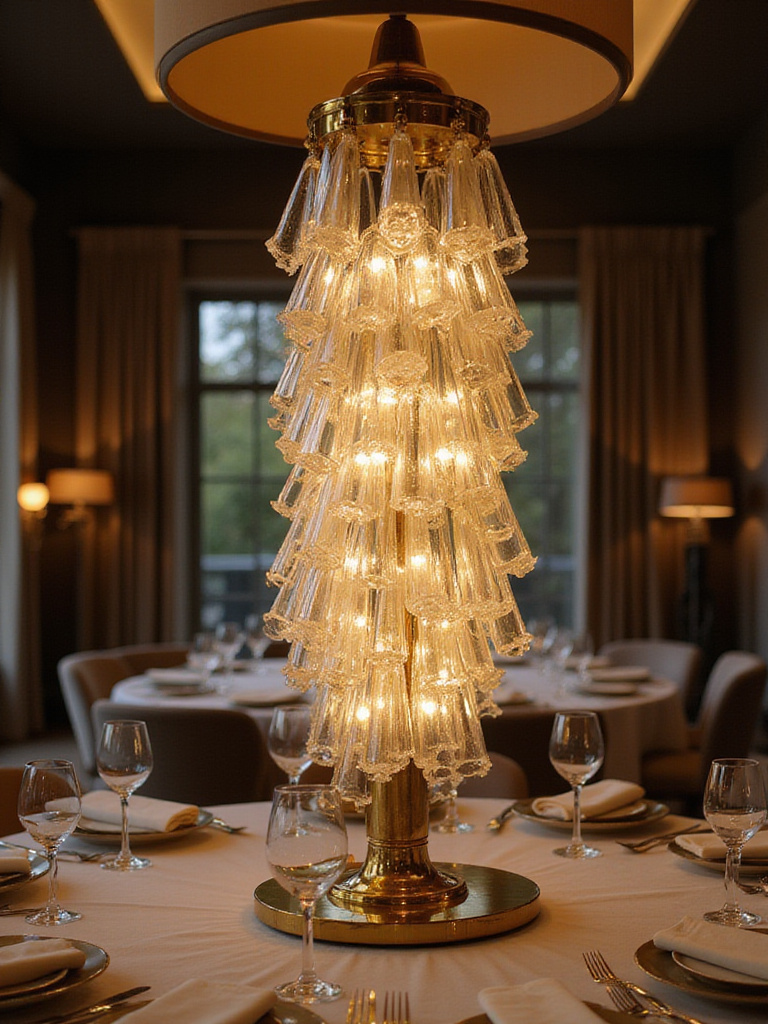 Luxurious dining room with an artistic light sculpture centerpiece.