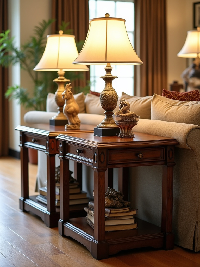 Traditional living room with matching end tables and elegant decor.