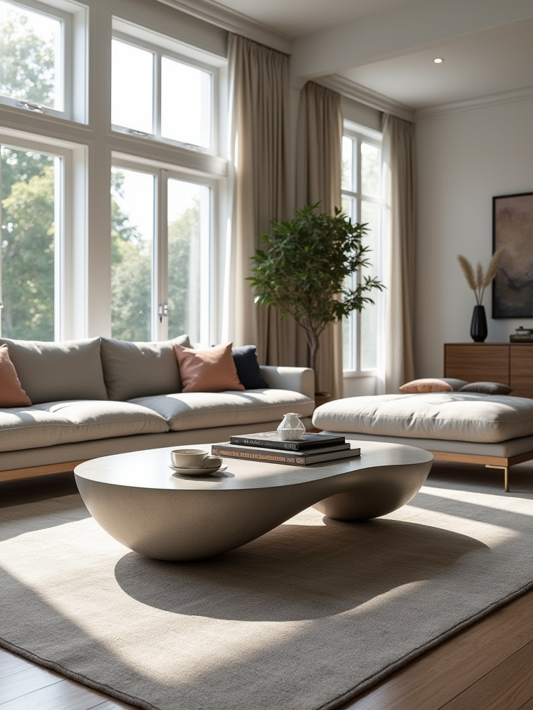 A modern living room showcasing a sculptural coffee table with organic shapes and a minimalist decor.