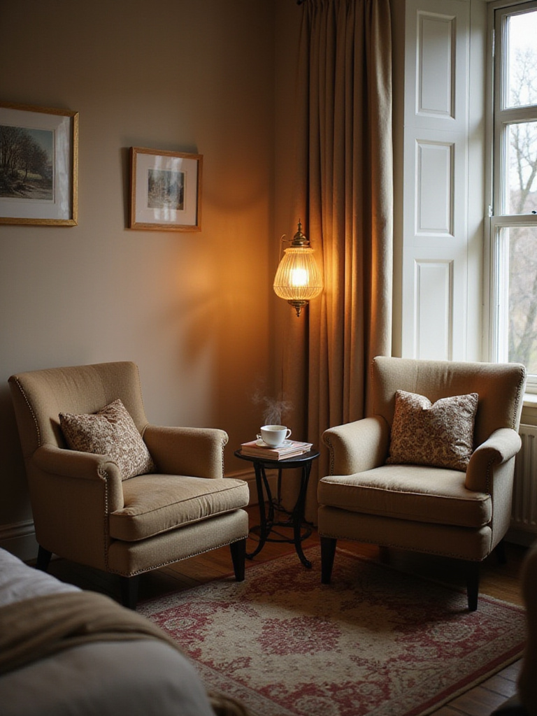 Cozy bedroom with armchairs arranged for intimate conversation