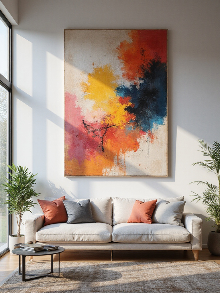 A contemporary living room showcasing a large-scale abstract painting as the central focus above a modern sofa.