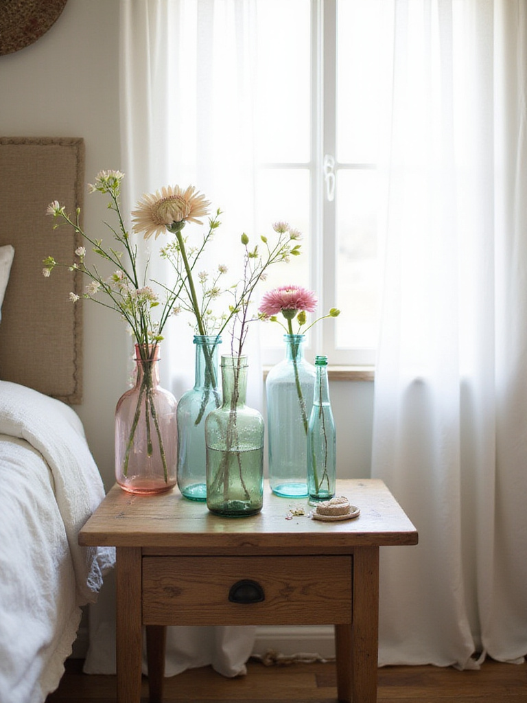A serene bedroom scene with recycled glass vases and upcycled decor items on a bedside table.