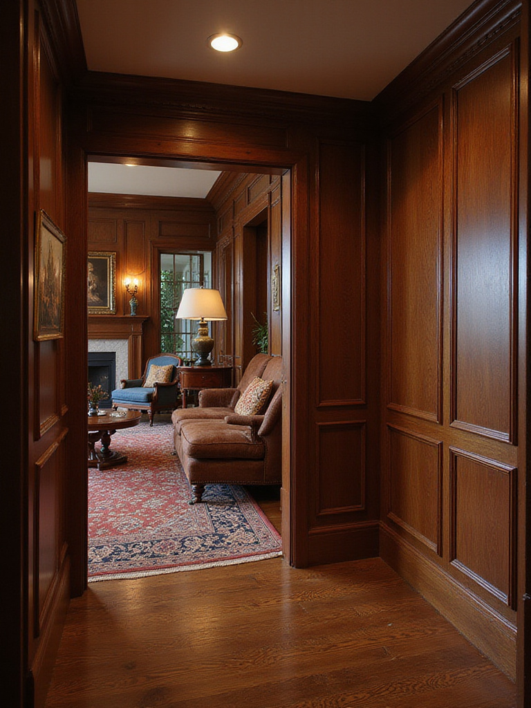 Traditional living room with dark wood finishes, including mahogany and oak.