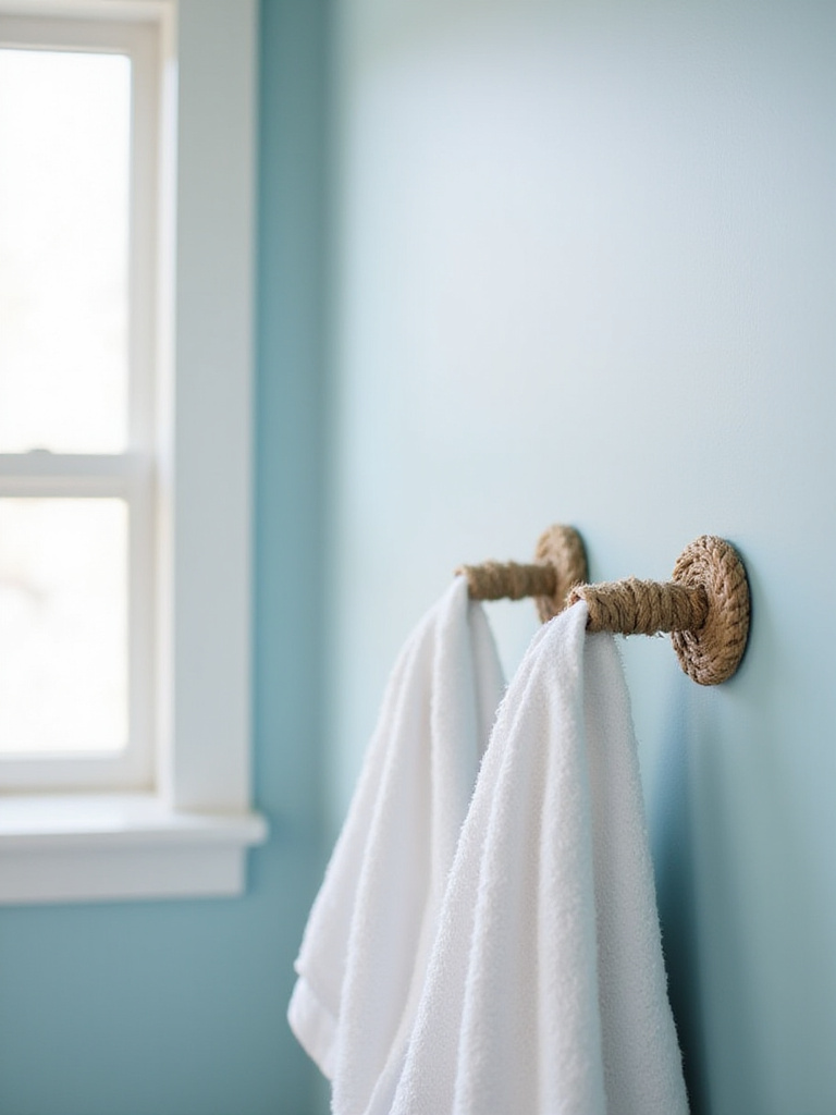 Coastal bathroom with towel bars accented with natural jute rope