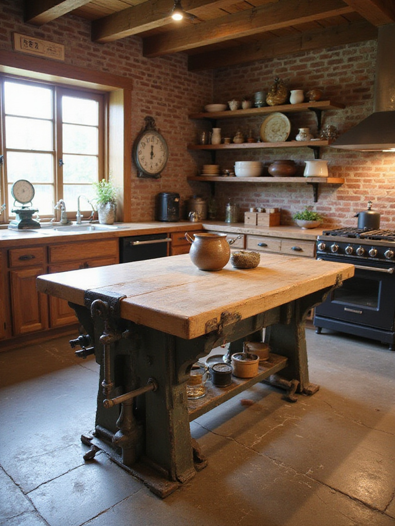 Rustic kitchen island made from antique workbench with vintage decor