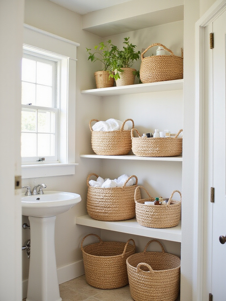 A coastal bathroom with woven baskets showcasing stylish storage solutions.