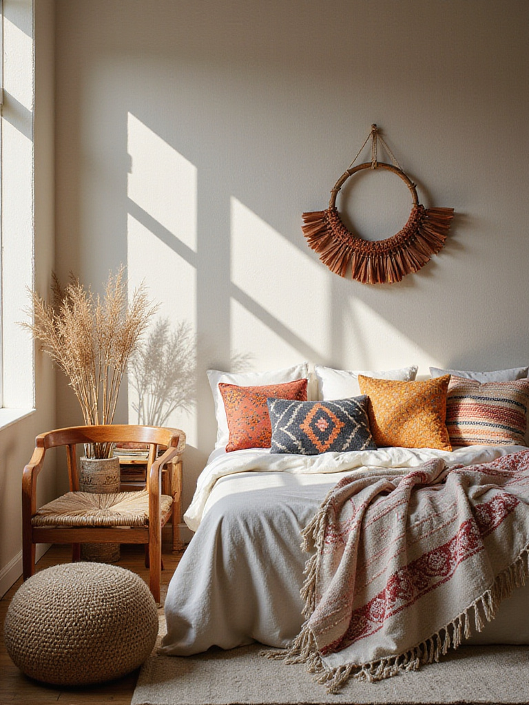 Boho bedroom with global patterns in cushions, throws, and poufs